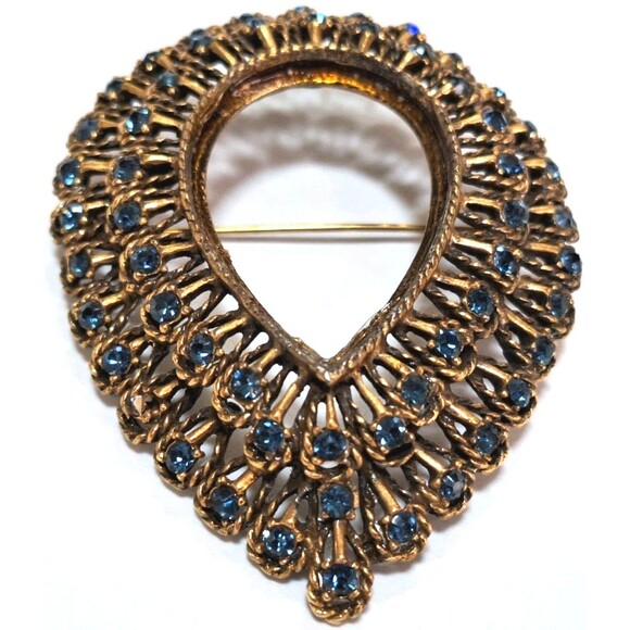 Vtg Vogue JLRY Reverse Teardrop Shaped Brooch - Gold Toned Blue Rhinestones - Picture 4 of 9